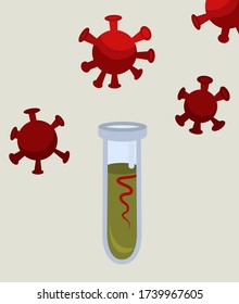 Vector illustration. Test tube with liquid and viruses in the air.