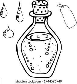 Vector illustration of a test tube with liquid stopper, label and drops in Doodle style. Black outline on a white background. The concept of laboratory liquid medicine