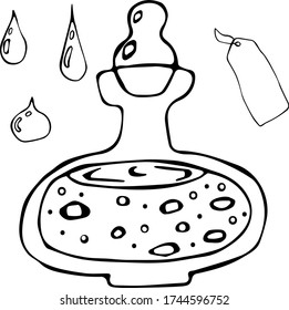 Vector illustration of a test tube with liquid stopper, label and drops in Doodle style. Black outline on a white background. The concept of laboratory liquid medicine