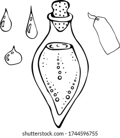 Ilustración vectorial de un tubo de ensayo con tapón líquido, etiqueta y gotas en el estilo Doodle. Borde negro sobre fondo blanco. El concepto de medicina líquida de laboratorio