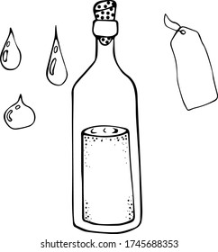 Ilustración vectorial de un tubo de ensayo con líquido y tapón, etiqueta y gotas en un estilo Doodle. Borde negro sobre fondo blanco. El concepto de laboratorio, medicina, bebida, líquido