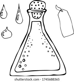 Ilustración vectorial de un tubo de ensayo con líquido y tapón, etiqueta y gotas en un estilo Doodle. Borde negro sobre fondo blanco. El concepto de laboratorio, medicina, bebida, líquido