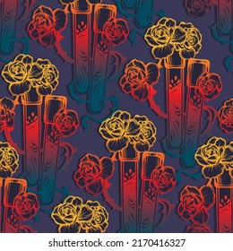 Ilustración vectorial. Tubos de prueba con sangre de donante. Flores de rosa con espinas. Patrón. Fondo oscuro, fondo de pantalla