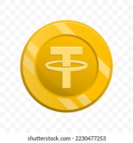 Vector illustration of Tether coin in gold color on transparent background (PNG).