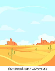 Vector illustration of Texas desert landscape with cactuses, hills, plants, and mountains. Vector Western scene in flat style. Cartoon Wild West Texas.
