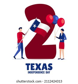 Vector Illustration of  Texas Independence Day. Characters hold the flag and balloons on the background of the number 2. Flat style.
