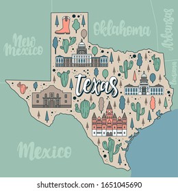 Vector illustration of Texas Map. Flat style. Travel design for poster, cards, magnet and other