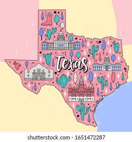 Vector illustration of Texas Map. Flat style. Travel design for poster, cards, magnet and other