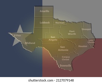 Vector illustration of Texas map on the background of the flag with transparency. Can be used as a design of web sites with news and others.