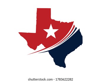 A vector illustration of Texas Map with star swoosh logo sign in red and blue color scheme