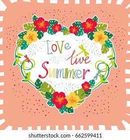 Vector illustration with text about summer. Flower frame-heart.