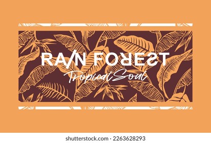 Vector illustration of text alluding to the Amazon rainforest and its preservation. Art with leaves in graphic style in the background.