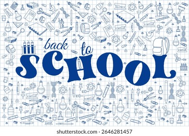 Vector illustration with the text "Back to school" written in bold blue letters, surrounded by various school supplies such as books, pencils and rulers on a white background.