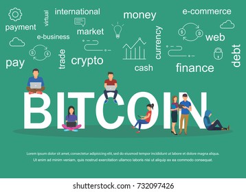 Vector illustration of text Bitcoin with young people using laptops and smartphones