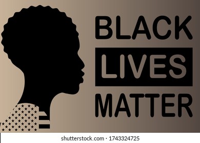 Vector illustration with the text "Black Lives Matter". Silhouette of a black man and the flag of the United States of America.