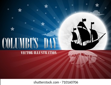 Vector illustration text Columbus Day with boat on flag background.