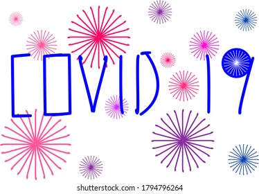 A vector illustration of text 'COVID-19' with flat models of the Coronavirus.  