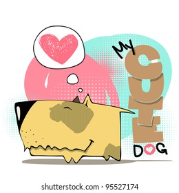 Vector illustration with text and cute cartoon dog character.