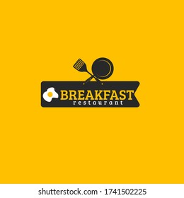 Vector illustration of text with frying pan, spatula and fried egg in oval circle isolated on black background fit for steak restaurant logo 
