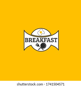 Vector illustration of text with frying pan, spatula and fried egg in white ribbon isolated on yellow background fit for morning restaurant logo 
