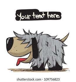 Vector illustration with text and funny cartoon dog character.