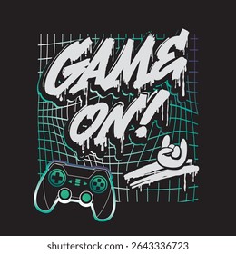 Vector illustration with text Game On! in graffiti-style, game controller, rock hand, neon grid background. Gamepad print for gaming merch, tee design, streetwear