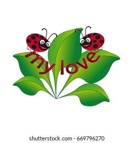 Vector illustration.Red text, green leaves and ladybugs.