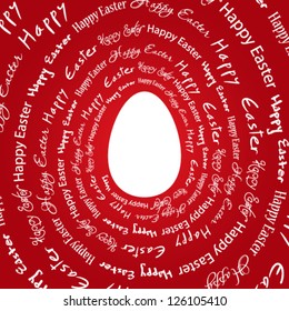 Vector illustration. Text "Happy Easter" on a red background with an egg in the center