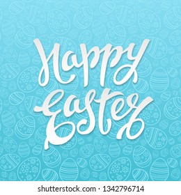 Vector illustration with text Happy Easter and seamless texture with ornamental eggs on blue background. Festive layout with pattern in doodle style for design of greeting card or holiday invitation.