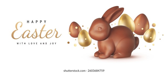 Vector illustration with text Happy Easter and realistic chocolate bunny and golden egg on white background. 3d cartoon style template design with chocolate rabbit and golden egg for easter hunt card