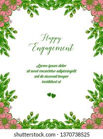 Vector illustration text of happy engagement with ornate of floral frame hand drawn