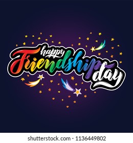 Vector illustration. Text Happy Friendship Day in heart of falling stars, planets, comets and galaxies on cosmic background. Space design. Lettering Happy Friendship day in heart shape in universe.