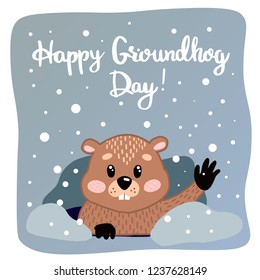 Vector illustration with text Happy Groundhog Day design with cute groundhog. Cute Marmot Character - Advertising Poster or Flyer Template with groundhog, Flat vector illustration for greeting card