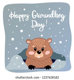 Vector illustration with text Happy Groundhog Day design with cute groundhog. Cute Marmot Character - Advertising Poster or Flyer Template with groundhog, Flat vector illustration for greeting card