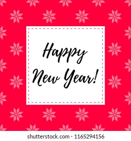 Vector illustration with text "Happy New Year" and red background with white cross stitched snowflake