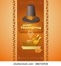 Vector illustration with the text Happy Thanksgiving, roast turkey on brown background. 