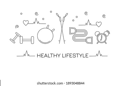 Vector illustration with text. Healthy lifestyle. Line art. Black and white.