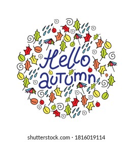 Vektorgrafik mit Text hallo Herbst in einem Kreis von Blättern und Regenschirmen. Handgezeichnete Kalligraphie.