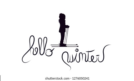 Vector illustration of text hello winter with girl on ski.