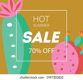 Vector illustration with text : hot summer sale of 70% on a bright background with a cactus
