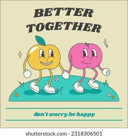 Vector illustration with text. An image of an apple and a peach holding hands on a green meadow. Poster on a yellow background for projects.