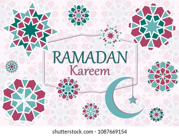 Vector illustration of text, inscription Ramadan Kareem banner, postcard with Islamic geometric patterns, moon, star, frame.