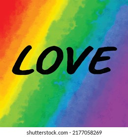 Vector illustration with text LOVE on watercolor rainbow colors background. Symbol of love and equality for the LGBTQ community. Imitation of watercolor painting. Clip art. Banner. 