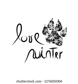 Vector illustration of text love winter and dog´s paw.