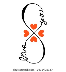 Vector illustration of a text love you in infinity symbol shape with hearts
