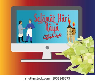 Vector Illustration of a text in malay "Selamat Hari Raya" which a greeting for eid mubarak. Eid Mubarak month of forfiveness is celebrated after the month of Ramadhan. Arabic word means eid mubarak