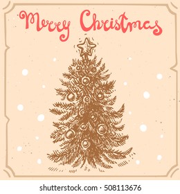 Vector illustration of text Merry Christmas,christmas tree on the abstract background with paper texture,retro frame.Hand drawn letters and pine sketch.Linear art in vintage style for your design.