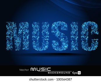 Vector illustration of text music made with musical notes ornament on blue color background, can be use as flyer, banner or poster. EPS 10. Vector illustration.