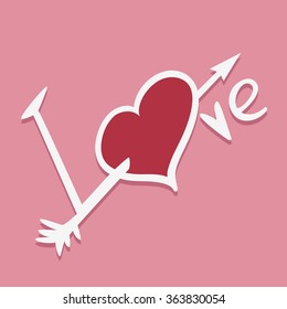 Vector illustration of the text at the pink background with big hand drawn heart and arrow.