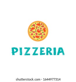 Vector illustration with text Pizzeria and hand drawn flat pizza with tomatoes and pepperoni. Icon or logo for pizza delivery service, pizzeria or fast food cafe